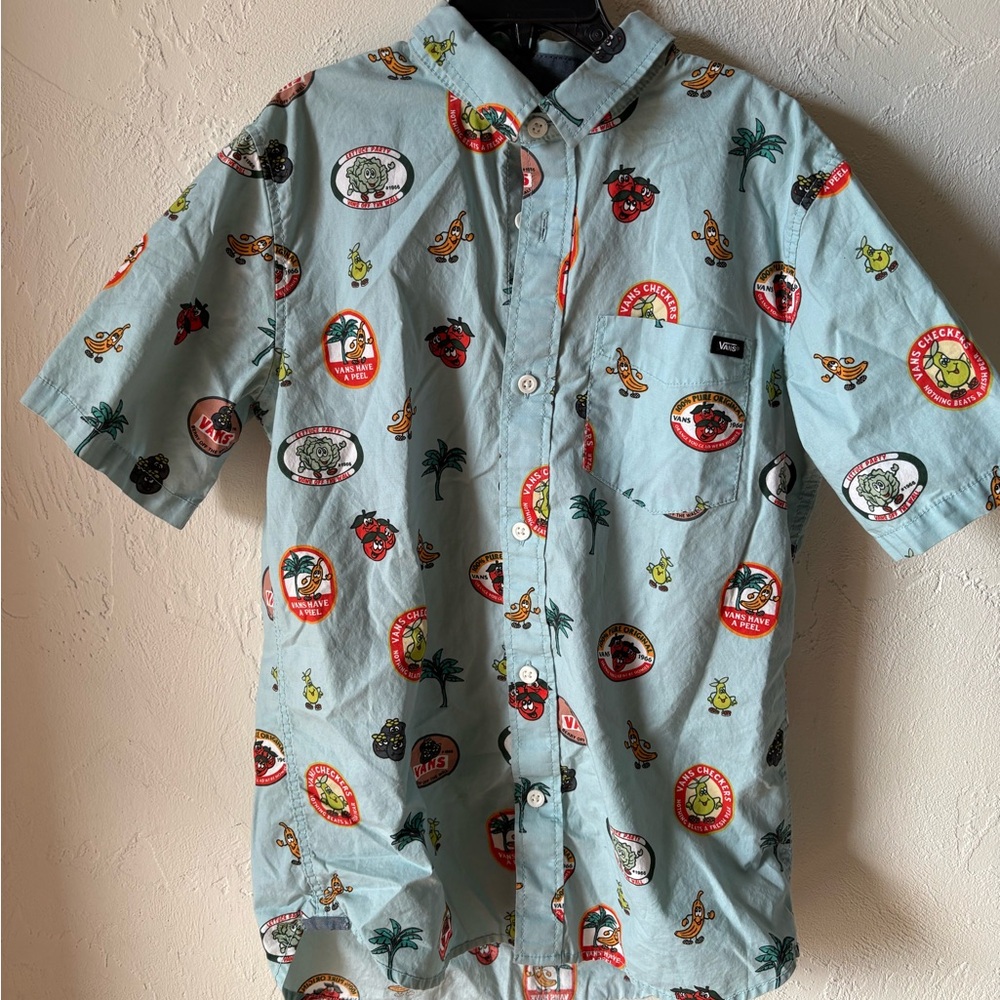 Vans Light Blue Short-Sleeve Button-Down Shirt with Retro Patch Prints
